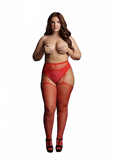 Le Desir - Suspender Pantyhose av netting og rhinestones - Rød - Queen Size - XL til 4XL