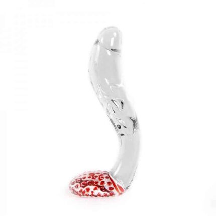 Erotisk - Glassdildo med pung - Blank med røde detaljer