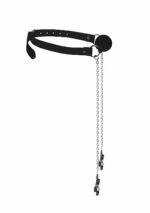Ouch! Black & White - Ballgag med pustehull og brystklyper- Sort