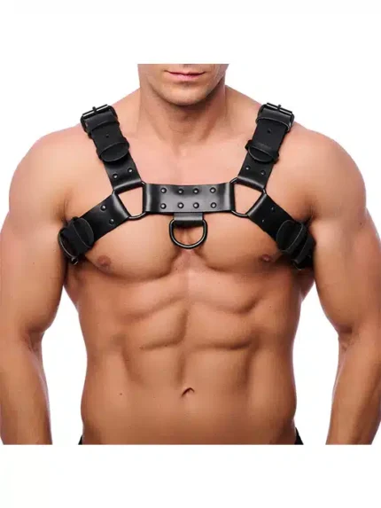 Red Leather - Bulldog Harness i sort lær med sorte detaljer - S/M