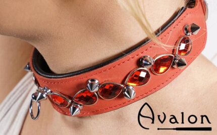 Avalon - DEFIANCE - Collar med Spisse Nagler og Røde Stener - Rødt og Svart