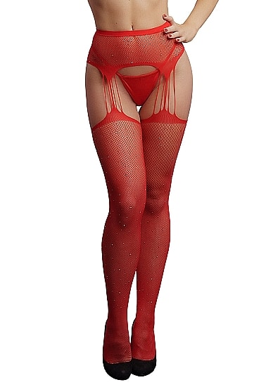 Le Desir - Suspender Pantyhose av netting og rhinestones - Rød