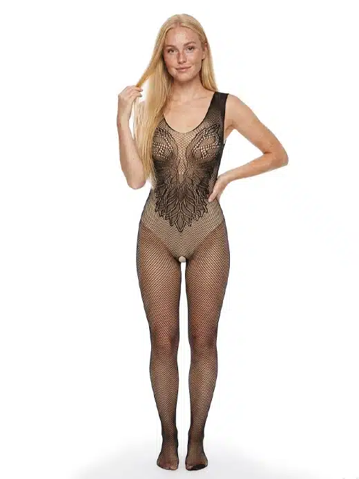 GNU055-catsuit-gnist-undertoy-lingerie-bodysuit-fishnet-stockings-04 Gnist Undertøy - Netting Catsuit med Blomstermønster – Sort - Bilde 1